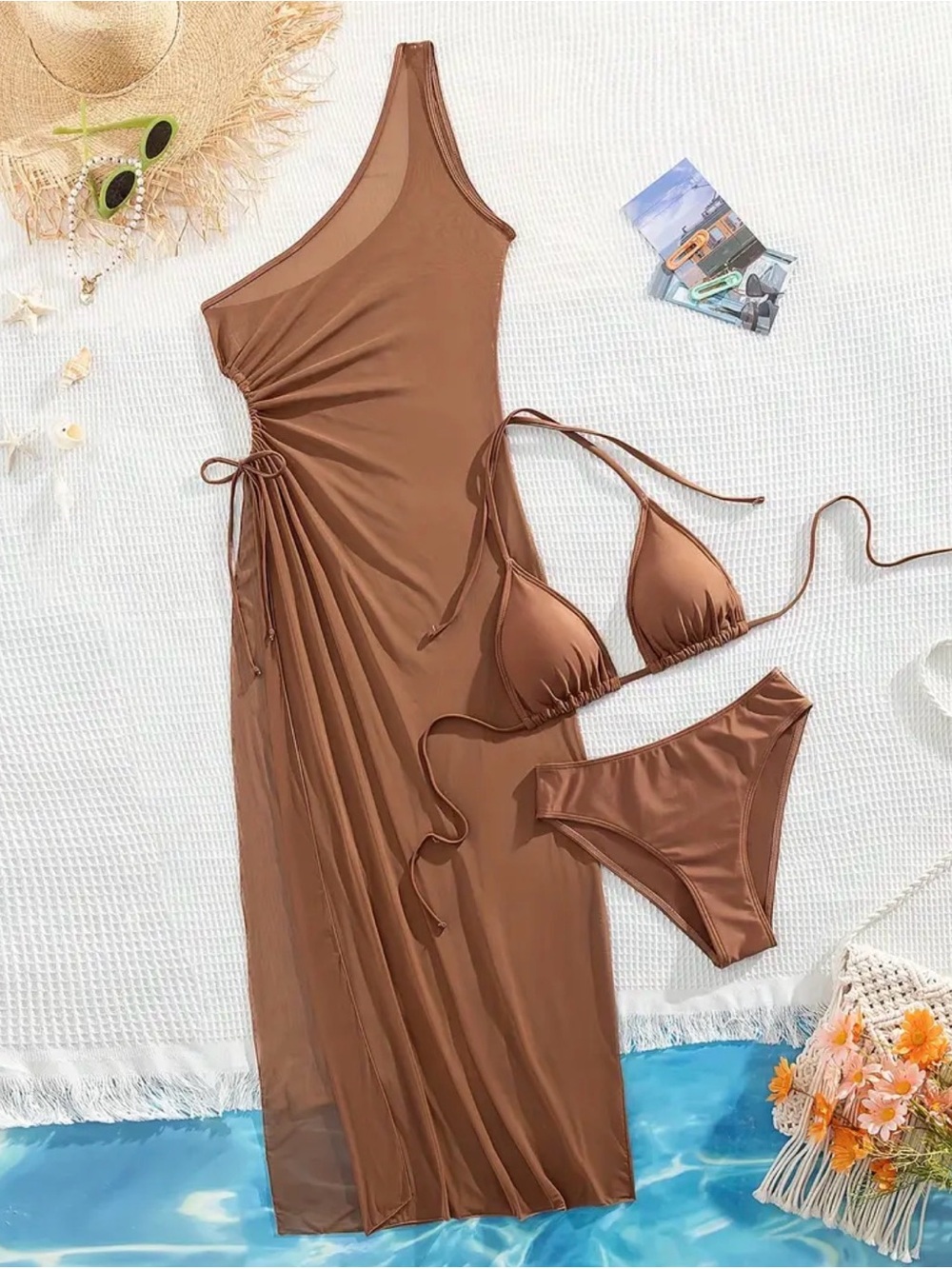 Brown Bikini with One-Shoulder Maxi Cover-Up with Matching Bikini